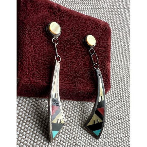 Turquoise Sterling Silver Native Zuni Emery Ohmsatte Inlay Dangle Earrings - Picture 3 of 9